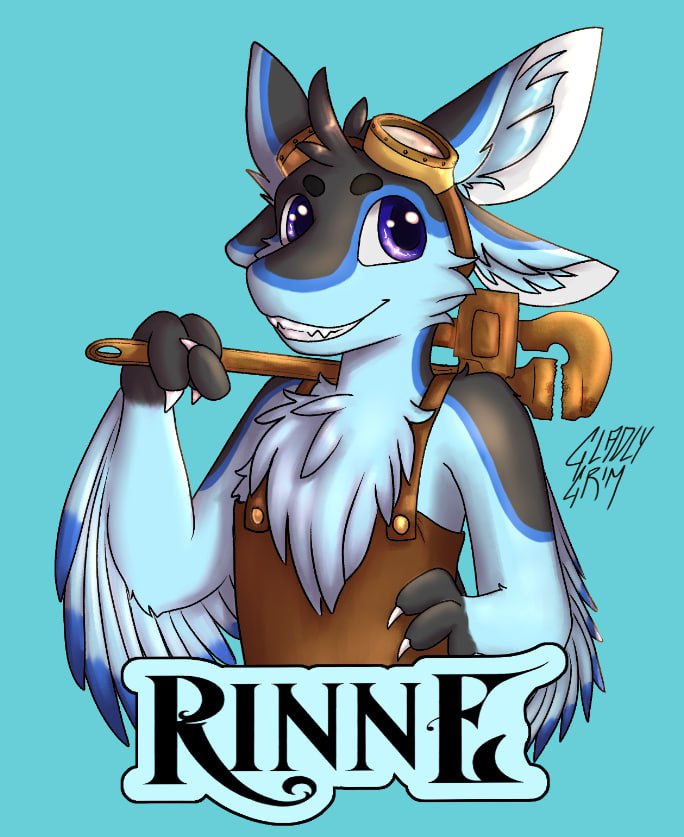Portrait of Rinne wearing goggles and carrying an oversized wrench