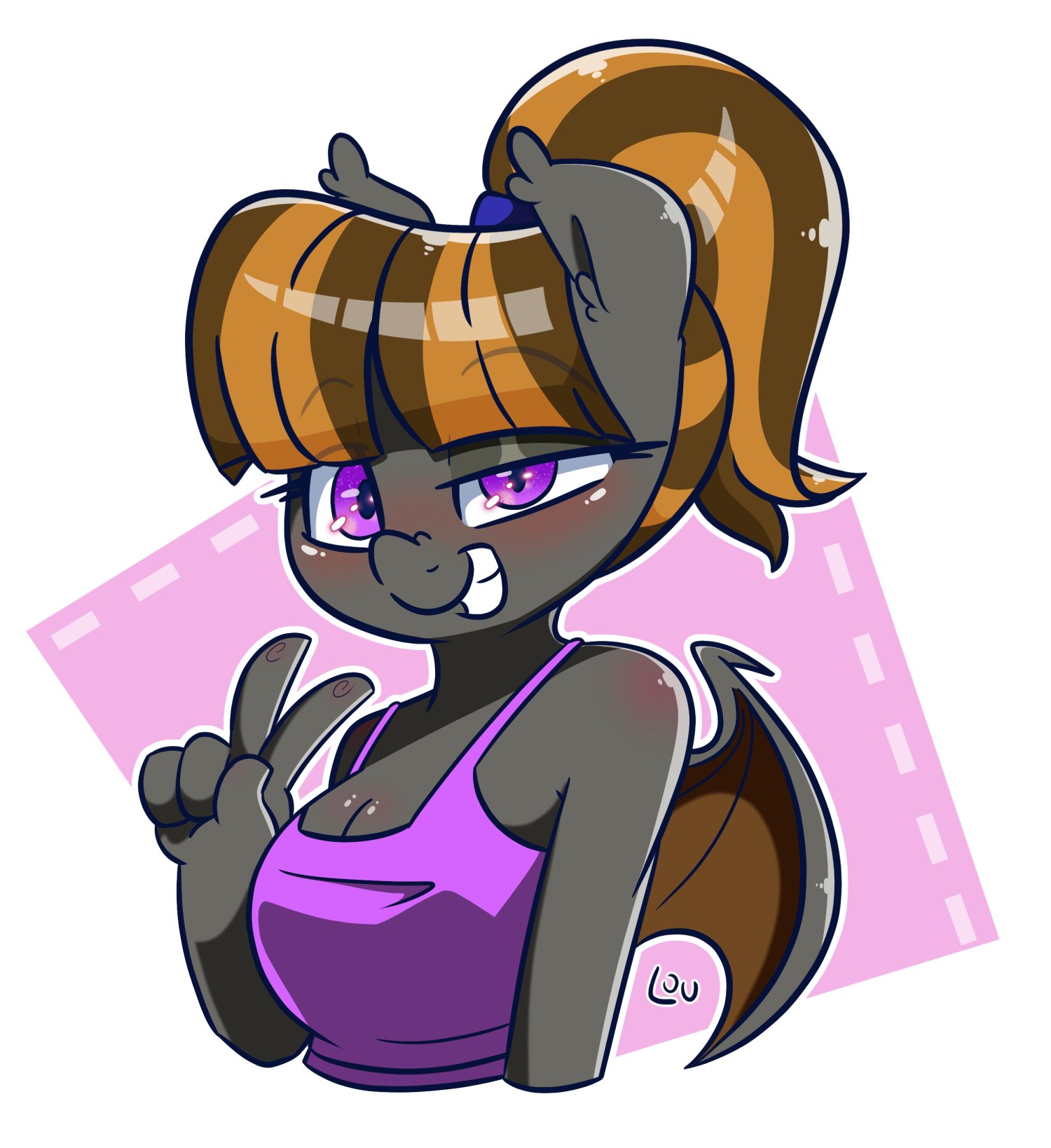 Portrait of Mythic Dawn wearing a purple top and making a peace sign